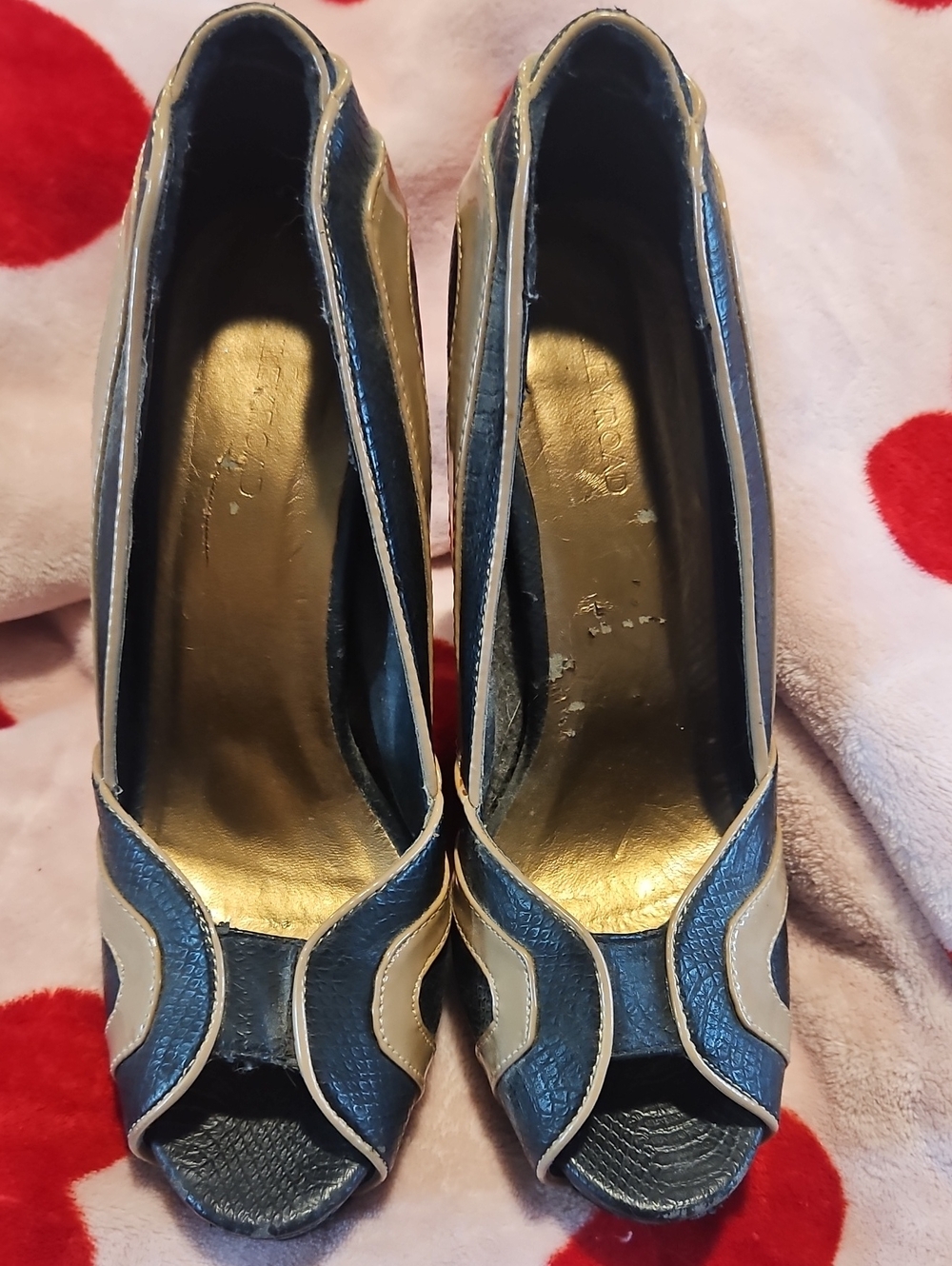 Tinley Road Black and Tan Peep-Toe Heels